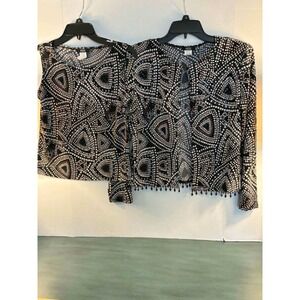MSK 2-Pack Womens Small Sheer Blouse Top Black Beige Geometric Boho Career Chic